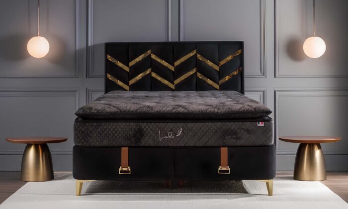 a black and gold bed frame