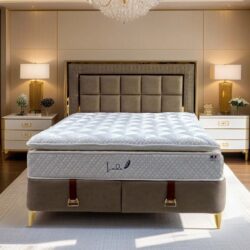 a bed with a chandelier
