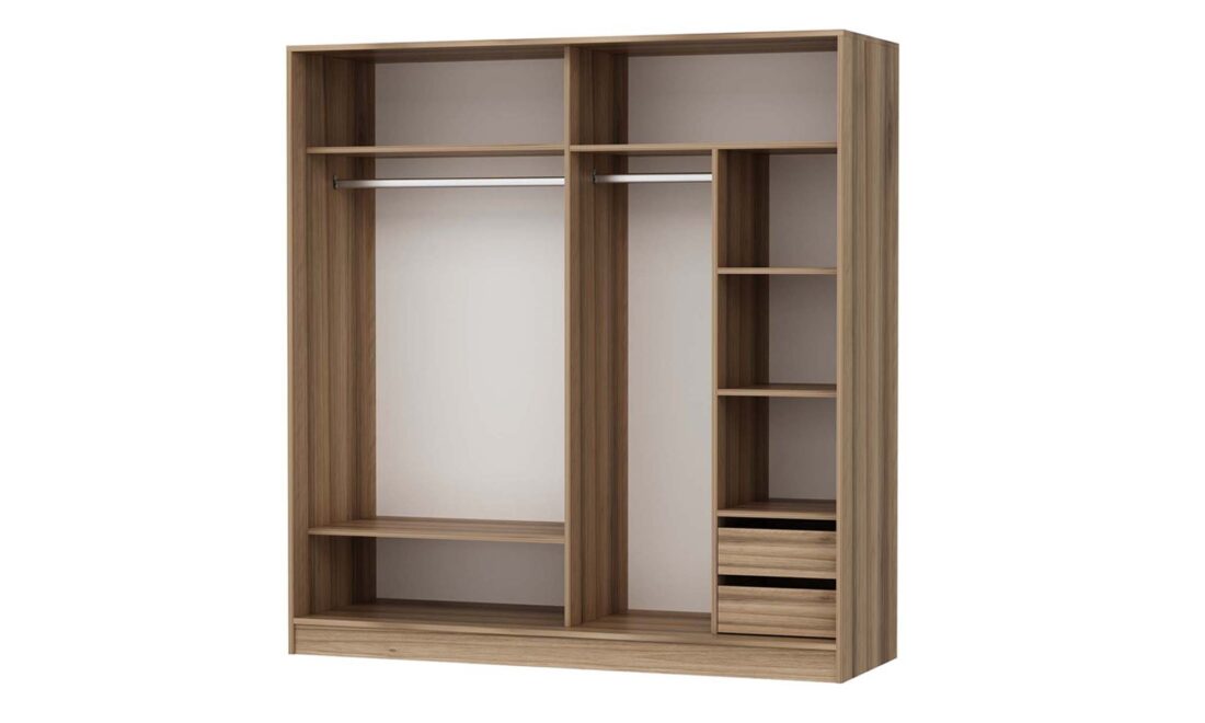 a wooden closet with shelves