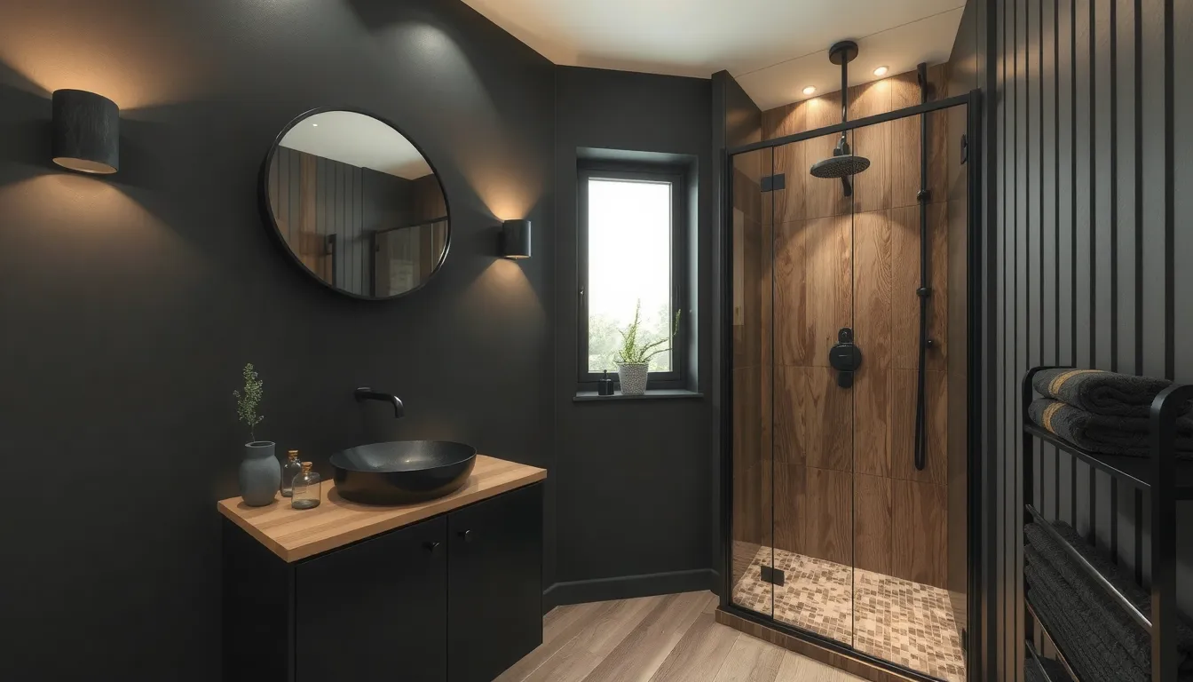 petite salle de bain noir et bois