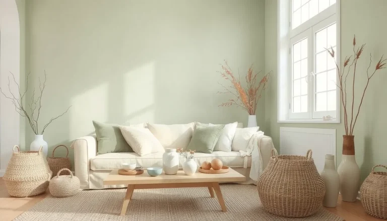 Salon vert sauge et beige : idées déco, associations et ambiances apaisantes